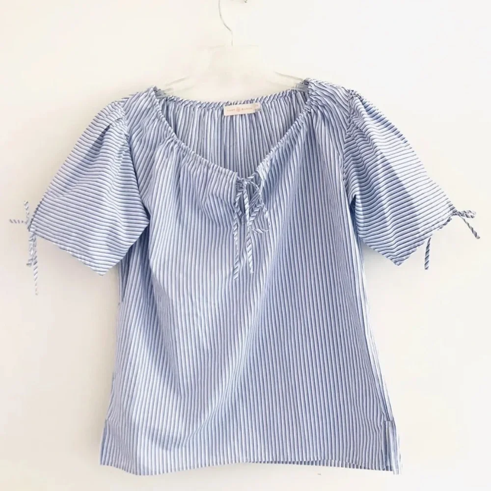 Tory Burch | Ariana Drawstring Top Womens S Small Blue Ombre Stripe Short Sleeve